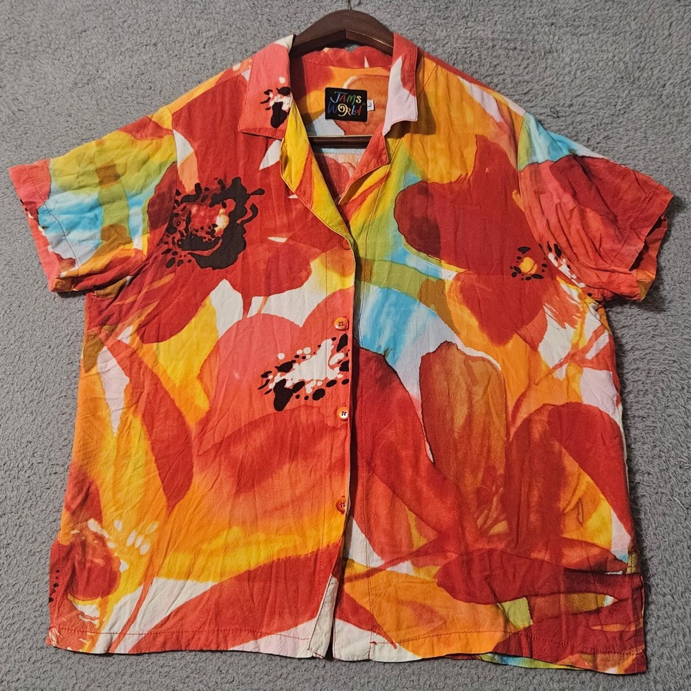 Jams World Desire Shirt Womens Size Large Orange Red Hawaian Floral Shirt Sleeve